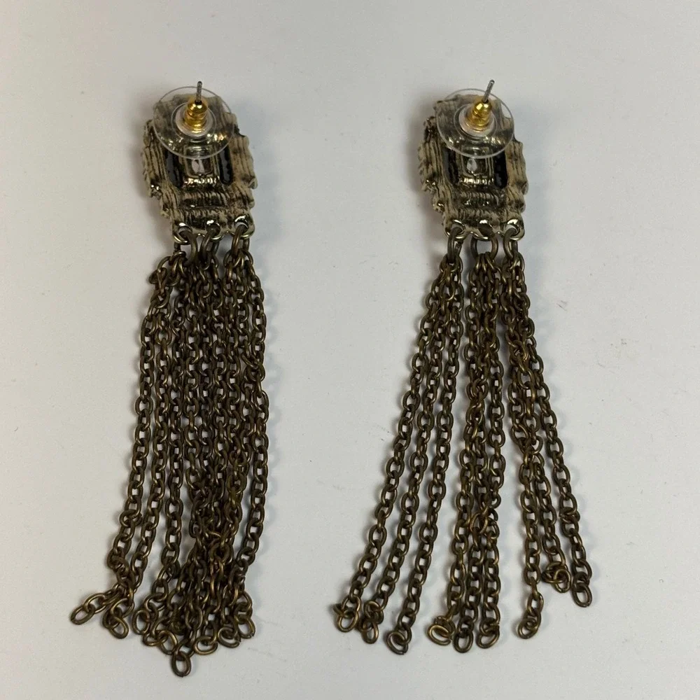 Crystal Rhinestone Drop Earrings‎ Brass Tone Multi Chain Fringe Statement